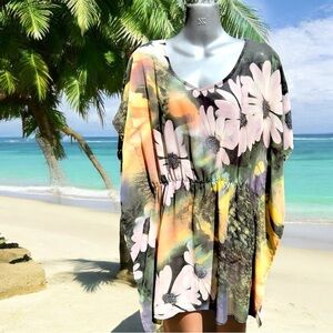 Womens Floral Short Sleeve V Neck swimsuit coverup  Small